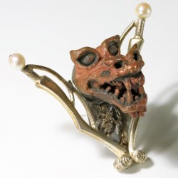  Dragon brooch, copper, 925 silver, pearls